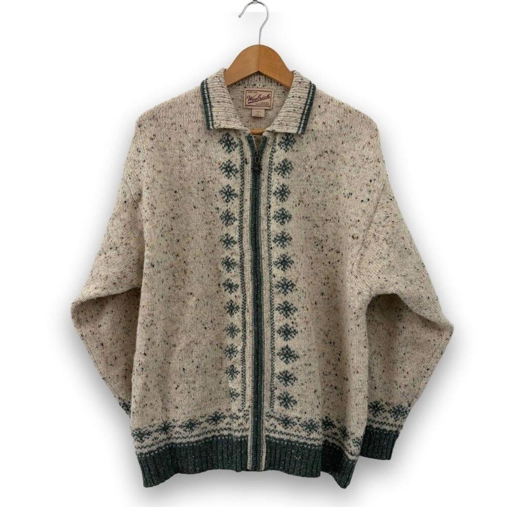 Vintage Woolrich 100% Shetland Wool Cream Fair Isle Zip Cardigan Sweater L
